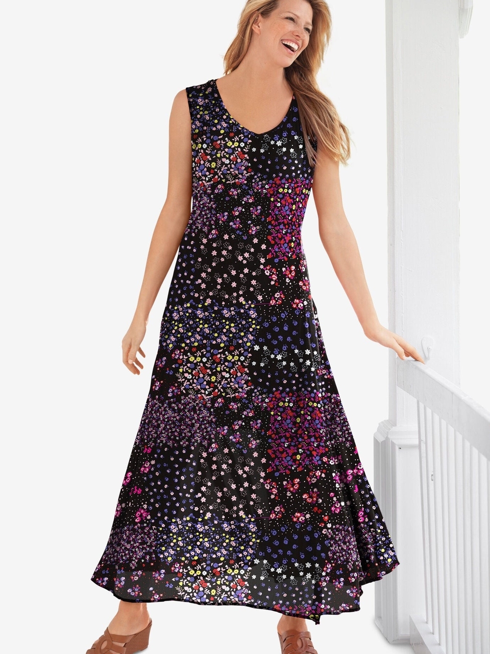 Black Sleeveless Maxi Dress with Multicolor Floral Print, Size 14 / 16